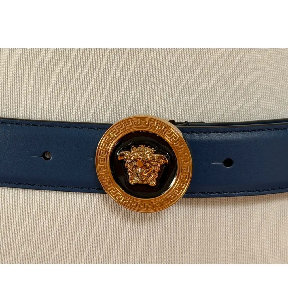 100% authentic Versace Blue Leather Belt with Gold Medusa Round Buckle - Picture 5 of 5